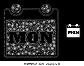 Icono de página de calendario de malla poligonal brillante de lunes a viernes con efecto de brillo sobre un fondo negro. Vector icónico de la página del calendario del marco de alambre con puntos de brillo en colores brillantes.
