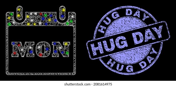 Glossy polygonal mesh web monday calendar page icon with glitter effect on a black background, and Hug Day dirty stamp seal. Illuminated vector mesh created from monday calendar page pictogram,