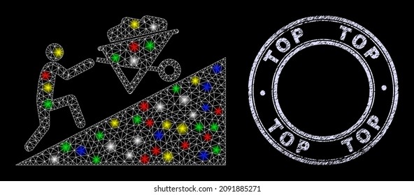 La red de malla poligonal brillante se mueve hacia arriba en el icono de la carretilla con efecto de brillo sobre un fondo negro con sello de alta corrosión. Estructura vectorial iluminada creada a partir de un icono de carretilla hacia arriba,