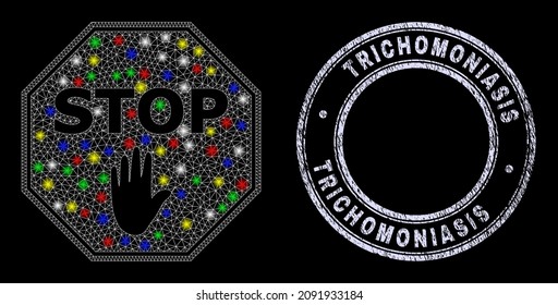 El octágono de la red de malla poligonal brillante detiene el icono de la palma con efecto de brillo sobre el fondo negro con la marca de agua sucia de Trichomoniasis. Malla vectorial iluminada creada a partir del icono de la palma del tope del octógono,