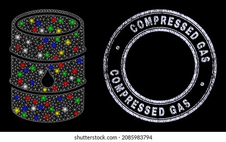 Glossy polygonal mesh web oil barrel icon with glare effect on a black background with Compressed Gas scratched stamp seal. Illuminated vector mesh created from oil barrel pictogram,