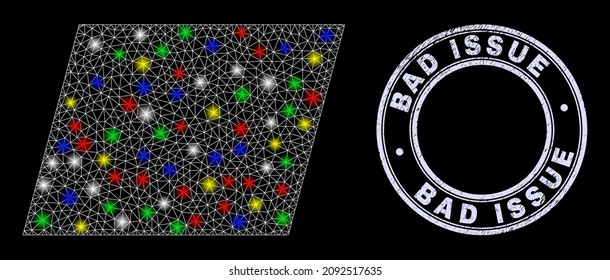 Glossy polygonal mesh web parallelogram icon with glow effect on a black background with Bad Issue scratched seal imitation. Illuminated vector mesh created from parallelogram icon,