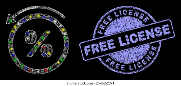 Glossy polygonal mesh web percent back icon with glow effect on a black background, and Free License scratched seal print. Illuminated vector mesh created from percent back icon,