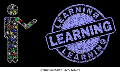 Glossy polygonal mesh web person show icon with glitter effect on a black background with Learning dirty seal print. Illuminated vector model created from person show icon,