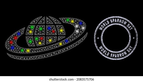 Glossy polygonal mesh web planet orbit icon with glitter effect on a black background, and World Sparrow Day textured stamp seal. Illuminated vector structure created from planet orbit pictogram,
