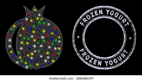Glossy polygonal mesh web Pomegranate fruit icon with glare effect on a black background with Frozen Yogurt corroded seal. Illuminated vector mesh created from Pomegranate fruit icon,