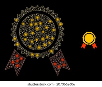Icono de sello de premio web de malla poligonal brillante con efecto de brillo sobre un fondo negro. Sello de premio de red vector icónico con esferas brillantes en colores mágicos.
