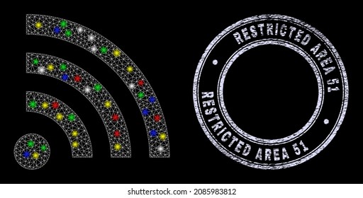Glossy polygonal mesh web radio internet icon with glitter effect on a black background, and Restricted Area 51 corroded stamp. Illuminated vector model created from radio internet icon,