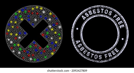 Glossy polygonal mesh web reject icon with glare effect on a black background with Asbestos Free unclean seal. Illuminated vector mesh created from reject icon, with white mesh and magic lightspots.