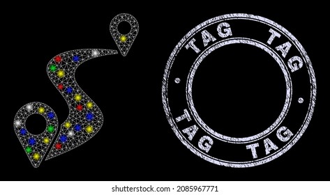 Glossy polygonal mesh web route markers icon with glow effect on a black background, and Tag rubber stamp seal. Illuminated vector mesh created from route markers symbol,