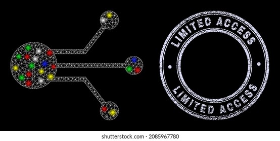 Glossy Polygonal Mesh Web-Sensor verbindet Symbol mit glitterem Effekt auf schwarzem Hintergrund mit Limited Access strukturiertem Robbendruck. Illuminierte Vektorstruktur, die aus dem Symbol für Sensorverbindungen erstellt wurde,