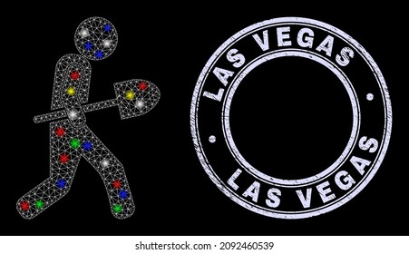 Glossy polygonal mesh web shovel courier icon with glitter effect on a black background with Las Vegas unclean stamp. Illuminated vector constellation created from shovel courier icon,