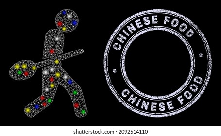 Glossy polygonal mesh web spoon robber icon with glare effect on a black background, and Chinese Food unclean stamp seal. Illuminated vector structure created from spoon robber icon,