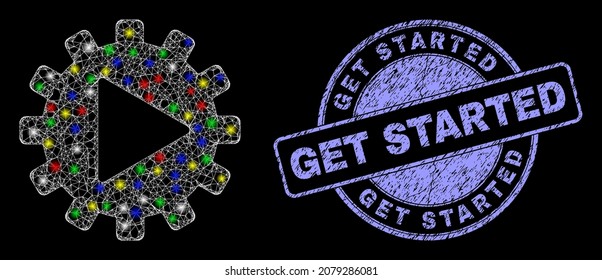 Glossy polygonal mesh web start gear automation icon with glow effect on a black background, and Get Started unclean stamp. Illuminated vector mesh created from start gear automation pictogram,