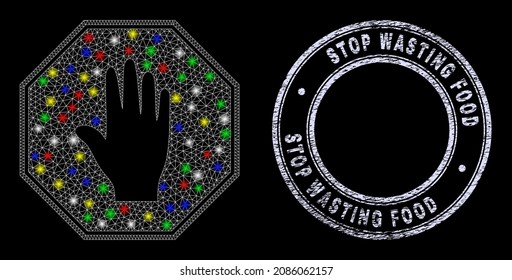 Glossy polygonal mesh web stop hand octagon icon with glare effect on a black background, and Stop Wasting Food scratched seal. Illuminated vector mesh created from stop hand octagon icon,