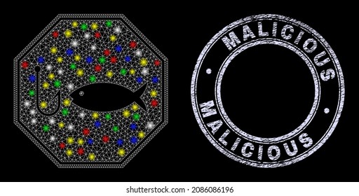 Glossy polygonal mesh web stop fishing octagon icon with glow effect on a black background with Malicious rubber seal imitation. Illuminated vector mesh created from stop fishing octagon icon,