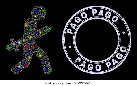 Glossy Polygonal Mesh Web Sword Gunman Icon With Glitter Effect On A Black Background With Pago Dirty Stamp Seal. Illuminated Vector Mesh Created From Sword Gunman Icon,