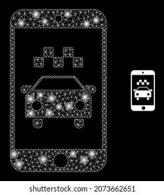 Glossy polygonal mesh web taxi smartphone application icon with glare effect on a black background. Wire frame taxi smartphone application iconic vector with shiny dots in bright colors.