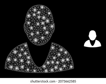 Glossy polygonal mesh web user icon with glare effect on a black background. Constellation user iconic vector with glowing points in magic colors.