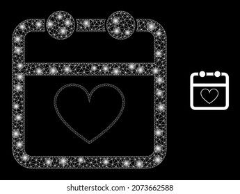 Glossy polygonal mesh web valentine calendar page icon with glitter effect on a black background. Network valentine calendar page iconic vector with glitter points in stardust colors.