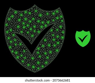 Glossy polygonal mesh web valid shield icon with glitter effect on a black background. Constellation valid shield iconic vector with illuminated spheres in vibrant colors.