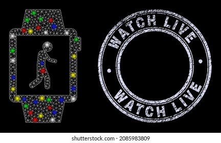 Glossy polygonal mesh web walking tracker watches icon with glow effect on a black background with Watch Live grunge seal print. Illuminated vector mesh created from walking tracker watches icon,