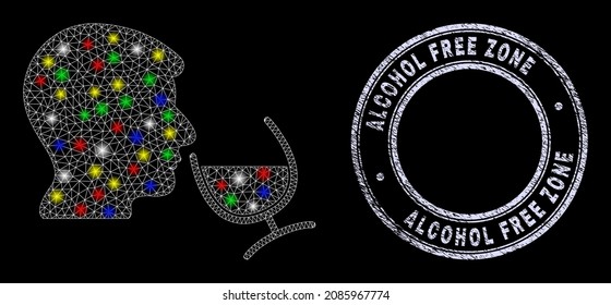 Glossy polygonal mesh web wine sommelier icon with glitter effect on a black background with Alcohol Free Zone textured stamp seal. Illuminated vector mesh created from wine sommelier pictogram,