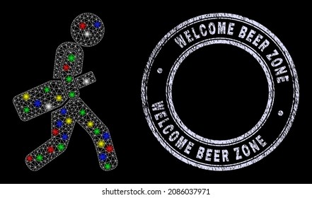 Glossy polygonal mesh web wine bottle courier icon with glow effect on a black background with Welcome Beer Zone corroded seal imitation.