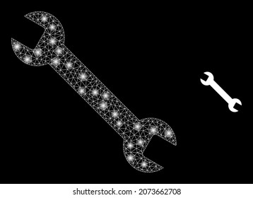 Glossy polygonal mesh web wrench icon with glare effect on a black background. Constellation wrench iconic vector with glamour points in majestic colors.