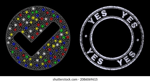 Icono de sí con efecto de resplandor en el fondo negro con sello sucio Sí. Constelación vectorial iluminada creada a partir del icono sí, con malla blanca y manchas mágicas.