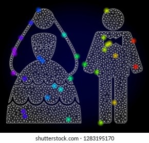 Glossy polygonal mesh wedding couple icon with glare effect on a dark background. Carcass wedding couple iconic vector with glamour multi colored dots in rainbow colors. Abstract white mesh lines,