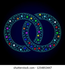 Glossy polygonal mesh wedding rings icon with glare effect on a dark background. Carcass wedding rings iconic vector with glamour multi colored spheres for New Year purposes.