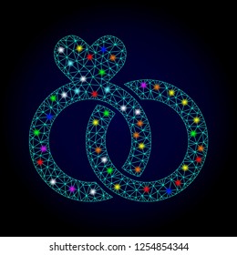 Glossy polygonal mesh wedding rings icon with glow effect on a dark background. Carcass wedding rings iconic vector with flash colorful points for New Year templates. Abstract light blue mesh lines,