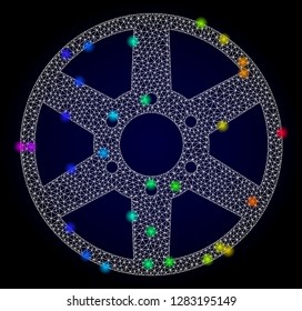 Glossy polygonal mesh wheel icon with glow effect on a dark background. Carcass wheel iconic vector with glitter multi colored dots in rainbow colors. Abstract white mesh lines,