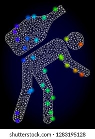 Glossy polygonal mesh wine courier icon with glare effect on a dark background. Carcass wine courier iconic vector with flash multi colored spheres in spectrum colors. Abstract white mesh lines,