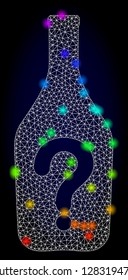 Glossy polygonal mesh wine question icon with glow effect on a dark background. Carcass wine question iconic vector with glamour colorful points in spectrum colors. Abstract white mesh lines,