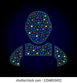 Glossy polygonal mesh worker icon with glow effect on a dark background. Carcass worker iconic vector with illuminated colorful points for Christmas posters. Abstract light blue mesh lines, triangles,