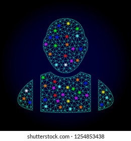 Glossy polygonal mesh worker icon with glare effect on a dark background. Carcass worker iconic vector with illuminated multi colored dots for Christmas purposes. Abstract light blue mesh lines,