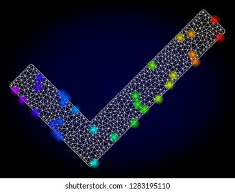 Glossy polygonal mesh yes tick icon with glare effect on a dark background. Carcass yes tick iconic vector with flash multi colored dots in rainbow colors. Abstract white mesh lines,