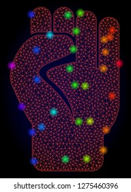 Glossy polygonal red mesh clenched fist icon with glow effect on a dark background. Carcass clenched fist iconic vector with flash multi colored points in spectrum colors. Abstract red mesh lines,