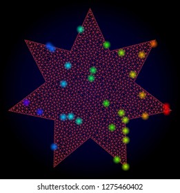 Glossy polygonal red mesh eight corner star icon with glow effect on a dark background. Carcass eight corner star iconic vector with glamour multi colored spheres in rainbow colors.