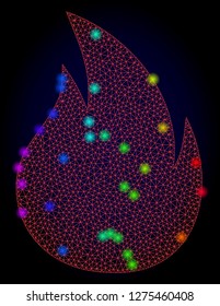 Glossy polygonal red mesh fire icon with glow effect on a dark background. Carcass fire iconic vector with illuminated multi colored points in spectrum colors. Abstract red mesh lines,