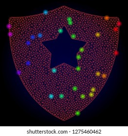 Glossy polygonal red mesh guard shield icon with glow effect on a dark background. Carcass guard shield iconic vector with flash colorful spheres in rainbow colors. Abstract red mesh lines,
