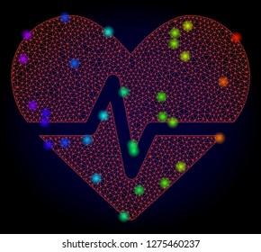 Glossy polygonal red mesh heart pulse icon with glow effect on a dark background. Carcass heart pulse iconic vector with glamour multi colored spheres in spectrum colors. Abstract red mesh lines,