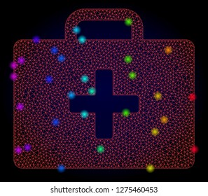 Glossy polygonal red mesh medical kit case icon with glare effect on a dark background. Carcass medical kit case iconic vector with illuminated multi colored spheres in rainbow colors.