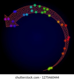 Glossy polygonal red mesh rotate backward icon with glare effect on a dark background. Carcass rotate backward iconic vector with glitter multi colored dots in rainbow colors. Abstract red mesh lines,