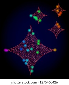 Glossy polygonal red mesh shine stars icon with glow effect on a dark background. Carcass shine stars iconic vector with illuminated multicolored spheres in spectrum colors. Abstract red mesh lines,