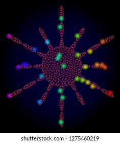 Glossy polygonal red mesh sun rays icon with glare effect on a dark background. Carcass sun rays iconic vector with glitter multicolored points in rainbow colors. Abstract red mesh lines,