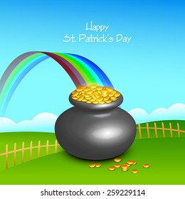 Glossy pot full of gold coins with rainbow on nature view background for Happy St. Patrick's Day celebration.