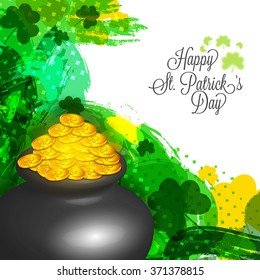 Glossy pot full of golden coins on abstract background for Happy St. Patrick's Day celebration.